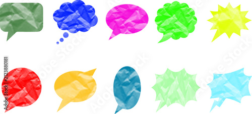 Set of colorful speech bubbles with a crumpled paper texture effect
