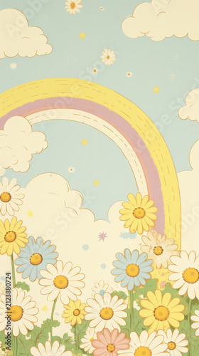 Summer landscape with flowers and rainbow.