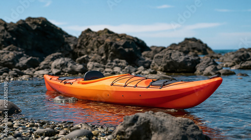 Orange recreational kayak resting in clear shallow water on a rocky beach, offering adventure, water sport, leisure, and exploration on a sunny day