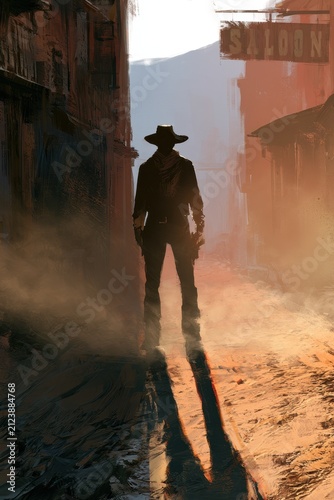 Outlaw figure with hat and scarf, dramatic dusk lighting in a frontier alley