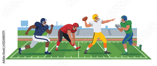 Foto American Football Game Play: Quarterback Throwing Pass to Receiver on Field