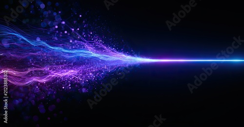 Energetic blue and purple light streaks with sparkling particles against black