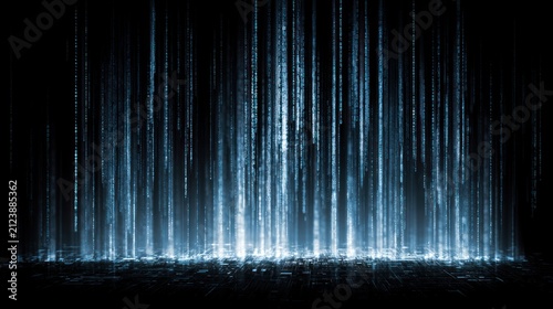 Digital matrix rain of blue binary code on black background with glowing base