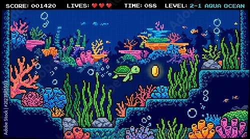 Retro 8-bit pixel art video game scene of a sea turtle swimming toward a gold coin in a colorful underwater ocean level with coral reefs.
