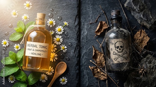 Side-by-side comparison of healing herbal tonic and deadly poison bottle, light vs dark concept, life and death metaphor, wellness vs toxicity on slate background.