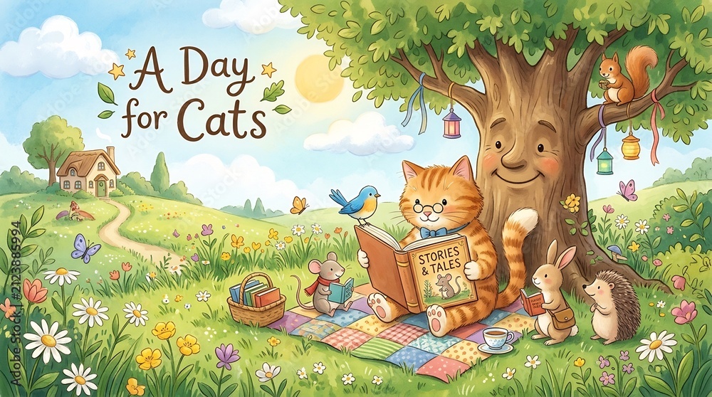 Obraz premium Whimsical ginger cat reading to forest animals in a sunny meadow under a sentient tree; charming storybook illustration for International Cat Day celebrations.
