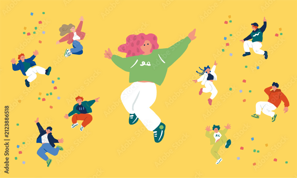 Fototapeta premium 浮遊感のあるジャンプやダンスポーズをする人々の手書きバナーイラスト