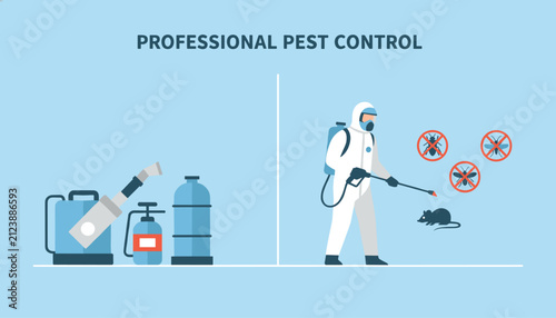 Professional pest control service showing chemical equipment and a skilled worker in a white hazmat suit spraying.