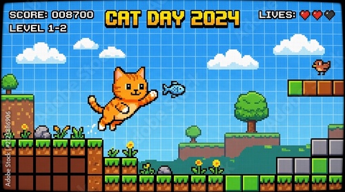 Orange cat pixel art jumping in retro 8-bit platformer game for International Cat Day 2024. Includes game UI, fish icon, and side-scroller world.