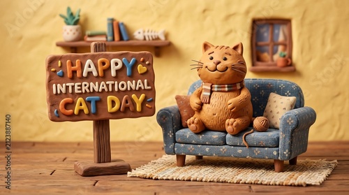 Claymation cat on blue sofa with Happy International Cat Day sign. Whimsical plasticine miniature room with festive feline celebration and cozy decor.