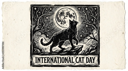 International Cat Day linocut art. Black cat gazing at full moon. Mystical nocturnal woodblock print with stars and feline silhouette on textured paper.