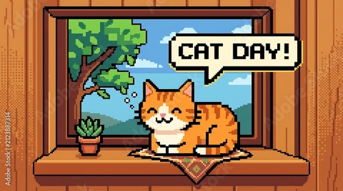 Pixel art orange tabby cat celebrating International Cat Day on a sunny windowsill, retro gaming style pet illustration, happy feline with speech bubble, cozy home interior.