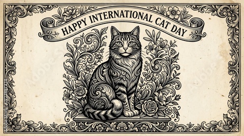 Vintage woodcut cat illustration for International Cat Day, ornate victorian engraving with floral filigree on aged parchment, celebratory feline greeting card design.