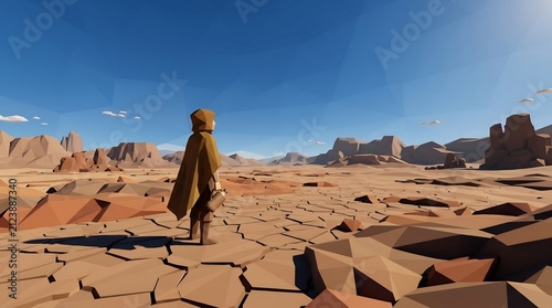 Cloaked traveler standing on cracked desert ground in low-poly 3D art style, exploring an arid landscape under a clear sky, concept of drought and survival.