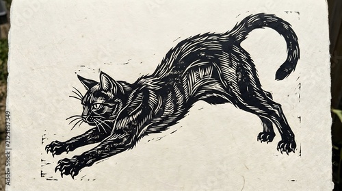 Stretching cat linocut, black ink on textured paper, handmade woodcut art, feline grace, International Cat Day relief print.