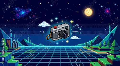 Pixel art camera floating over a retro synthwave grid landscape for World Photography Day in 8-bit vintage gaming style.