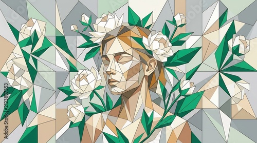 Geometric low poly portrait of a serene woman surrounded by white blooming roses and green leaves in stained glass mosaic style artwork.