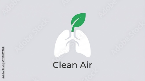 Minimalist clean air logo featuring human lungs with a green leaf sprout, symbolizing healthy respiration, environmental protection, and pure oxygen.