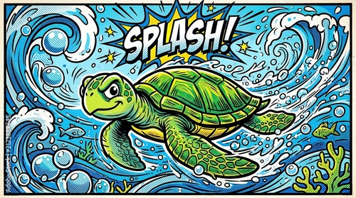 Pop art comic illustration of a green sea turtle swimming dynamically through ocean waves with a comic text bubble reading SPLASH.
