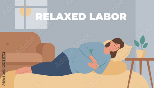Comfortable and relaxed pregnant woman sleeping or resting peacefully in bed in a cozy bedroom with relaxed labor text.