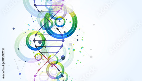 Abstract colorful DNA helix with digital plexus network and overlapping circles. Vector illustration