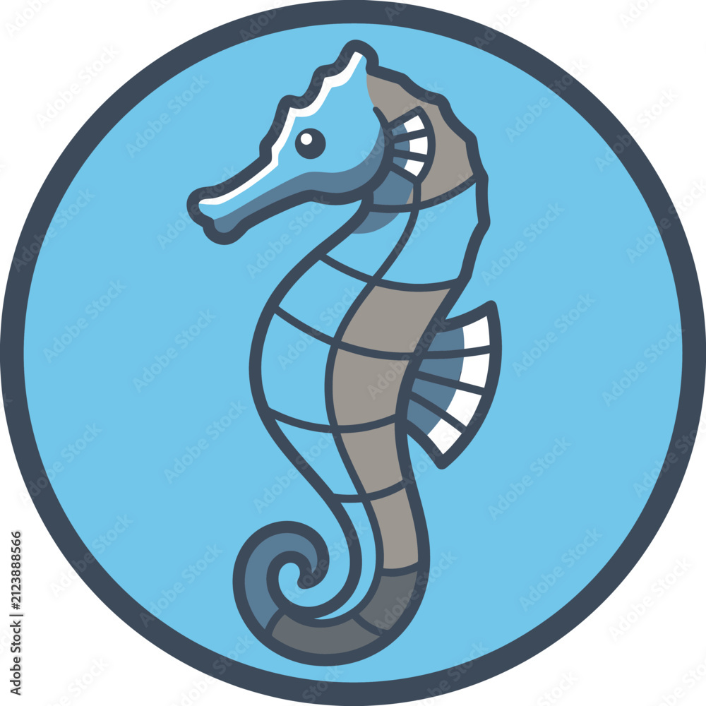 Naklejka premium Stylized seahorse icon inside a blue circular background.