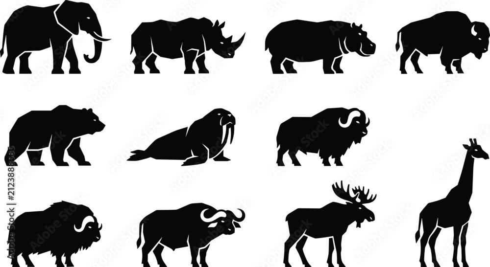 Obraz premium Silhouette collection of large wild animals including elephant, rhinoceros, hippopotamus, bison, bear, walrus, moose, and giraffe