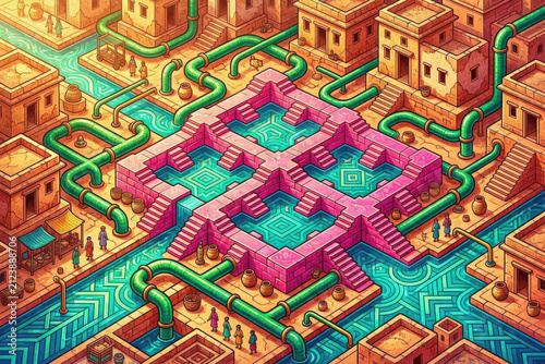 Dholavira Ancient Water Management Maximalist Chaos Design Vector Illustration