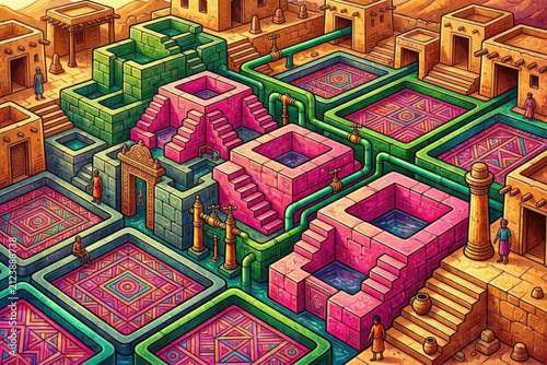 Dholavira Ancient Water Management Maximalist Chaos Design Vector Illustration