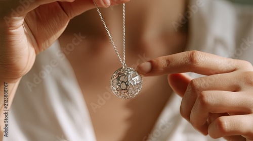 Delicate metallic pendant held by fingers against a white fabric background