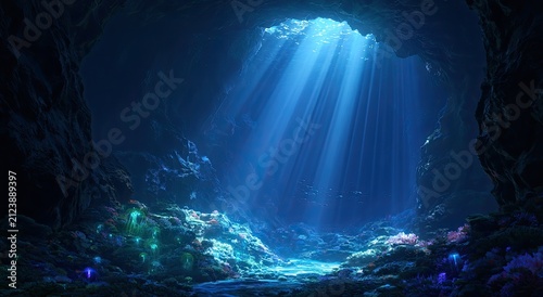 Sunbeams pierce a deep underwater cave, illuminating vibrant coral and aquatic life