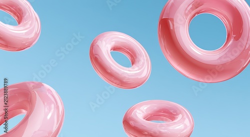 Five bright pink inflatable rings float against a bright blue sky