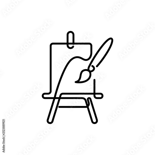 Artist easel and paintbrush line art icon.