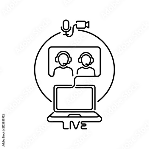 Live video conferencing laptop icon with online streamers.