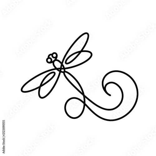 Minimalist dragonfly line art with swirl design.