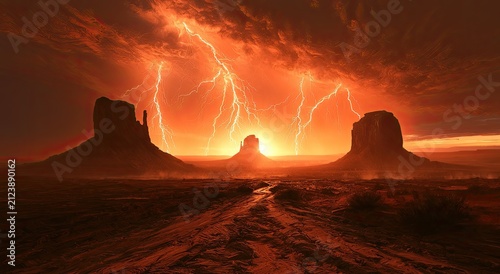 Stormy desert landscape with dramatic thunderbolts illuminating rock formations