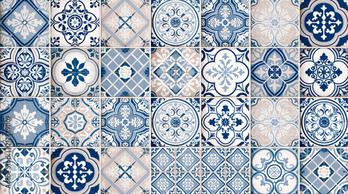 seamless ceramic tile pattern with ornamental blue motifs inspired by traditional craftsmanship concept for interior decoration architecture and creative backgrounds