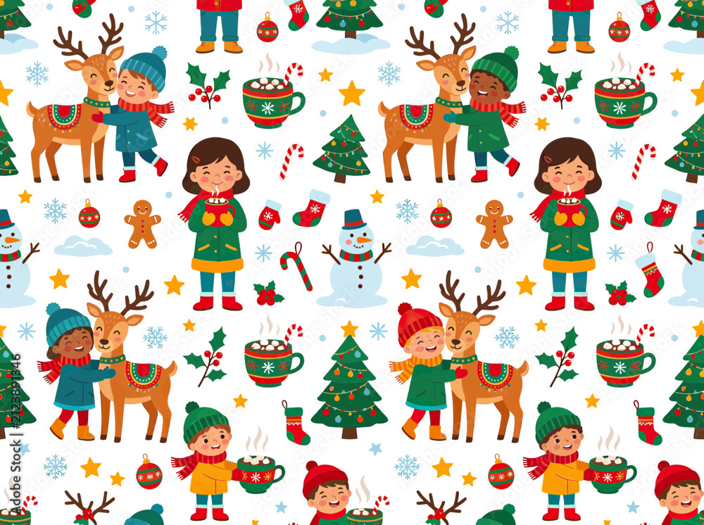 Fototapeta premium Festive Winter Children Hugging Reindeer, Christmas Pattern