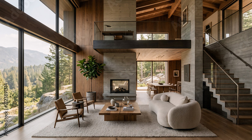 Luxury modern cabin interior with fireplace and panoramic window