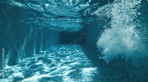 Underwater view of a tiled swimming pool with light patterns and bubbles