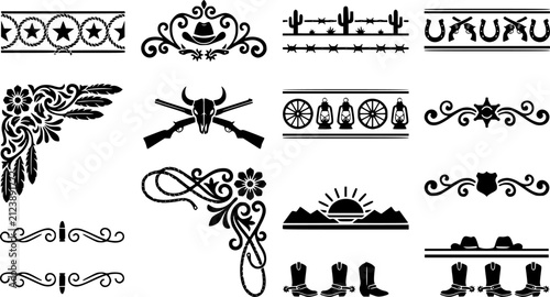 A large collection of old western design elements, embellishment, borders and divider lines.
