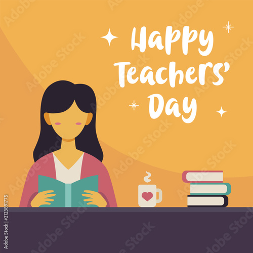 Flat illustration of Happy Teachers Day greeting design featuring female teacher sitting at her desk while reading an educational book.