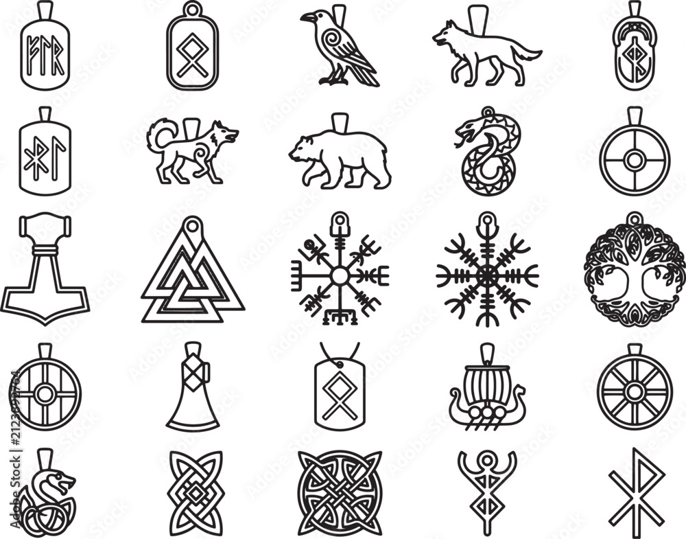 Fototapeta premium A collection of Norse mythology symbols and runes, including gods, animals, and ancient symbols, presented in a clean, minimalist line art style.