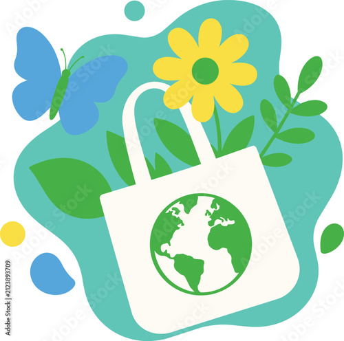 Reusable Bag Flower Butterfly Eco Friendly Earth Day Blob Shape Badge Abstract Organic Bubbly Flat Design Illustration Vector Icon Minimal Style Modern Bold Colorful Playful