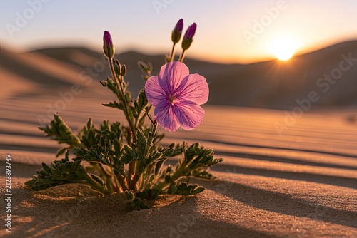 Single desert flower blossoms in golden sunset light among sand dunes