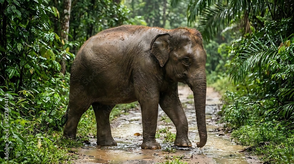 Fototapeta premium Large elephant walking along path in tropical jungle.