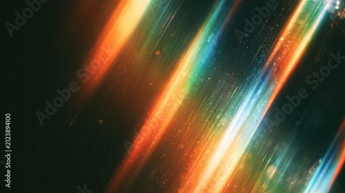 Abstract streaks of vibrant rainbow light illuminate a dark, textured background