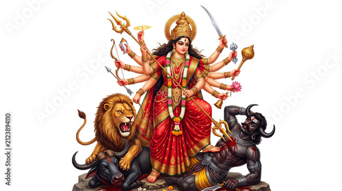 Traditional hindu goddess durga slaying mahishasura, isolated on transparent background