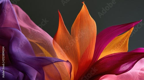 Translucent fabric layers in vibrant hues of purple, pink, orange, and red create a floral form