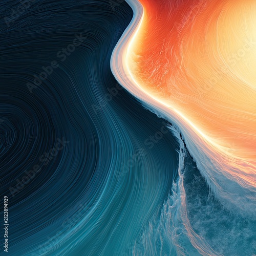 Abstract flowing lines of cool blue and fiery orange meet in a dynamic swirl
